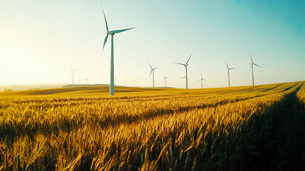 Panoramic view of a group of windmills standing tall in a green wheat field, with the turbines set against a clear sky, highlighting the integration of renewable energy with agricultural landscapes