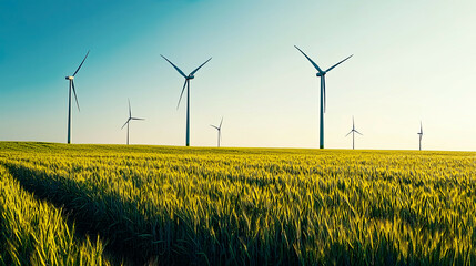 Panoramic view of a group of windmills standing tall in a green wheat field, with the turbines set against a clear sky, highlighting the integration of renewable energy with agricultural landscapes