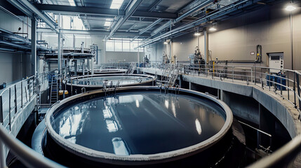 Panoramic view of a sewage treatment plant focusing on grey water recycling systems, showing various stages of waste processing and recycling infrastructure, with a clean and organized appearance