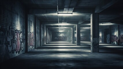 Empty commercial parking garage with a grunge concrete brick wall, overhead lighting and pillars with empty bays