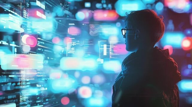 Boy analyzing holographic data surrounded by glowing lights and digital information, curious and eager to explore virtual reality
