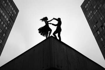 couple dancing on top of building black&white picture, minimalism