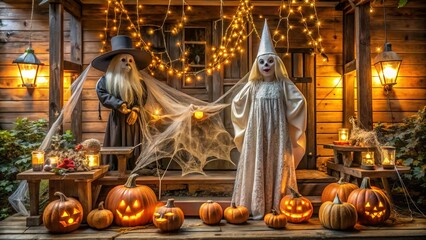 Naklejka premium Spooky animatronic witch and ghost figurines adorn a DIY Halloween display amidst cobwebs, fake spiders, and twinkling orange lights on a rustic wooden porch.