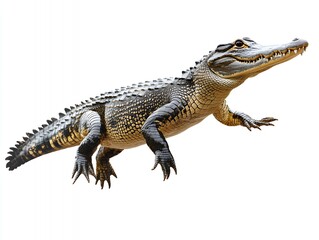 Fototapeta premium A close-up of a crocodile with its mouth open, showing its teeth, isolated on a white background.