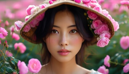 Joyful Asian Woman Embracing Beauty of Pink Rose Blossoms in Lush Field