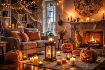 Obraz premium Spooky autumnal ambiance fills a cozy living room with candlelit pumpkins, ghostly lanterns, and eerie cobweb-draped
