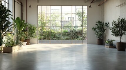 Modern contemporary loft with an empty room featuring an open door to the garden, concrete flooring, strategically placed plants, and panoramic windows, providing a blend of indoor and outdoor living.