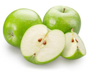 Green apple and green apple slices isolated on white background. File contains clipping path.