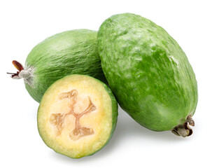 Feijoa fruits and slice of feijoa isolated on white background.