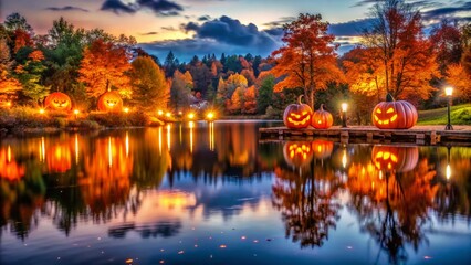 Fototapeta premium Spooky darkness descends on Twin Lakes, with vibrant jack-o-lanterns and twinkling lights reflected in calm waters amidst autumn foliage on a Halloween night.