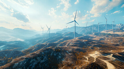 Side-angle view of wind turbines spread across a mountainous landscape, sunlight reflecting off the blades, crisp textures and vibrant colors, ultra-detailed and realistic