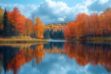 Obraz premium Reflections of autumn trees in a crystal-clear lake