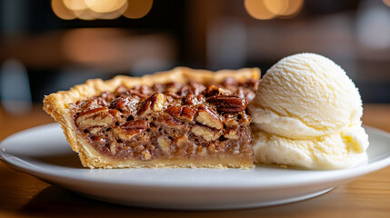 Delicious pecan pie slice served with a scoop of vanilla ice cream on a white plate