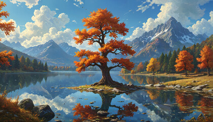 Arbre Automnal au Centre du Lac de Montagne
