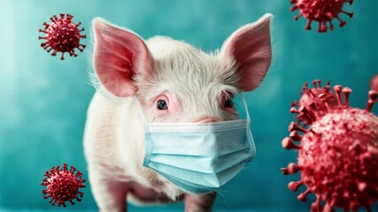 A young pig is wearing a mask, looking curiously while surrounded by floating representations of viruses, suggesting a health concern