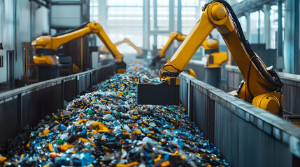 Automated recycling facility with robotic arms sorting various recyclable materials, showcasing advanced technology in waste management and sustainable practices