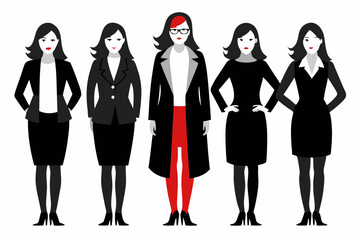 full body 5 business women casual black silhouette vector illustration. separate image and different style with Coat And Tie on white background