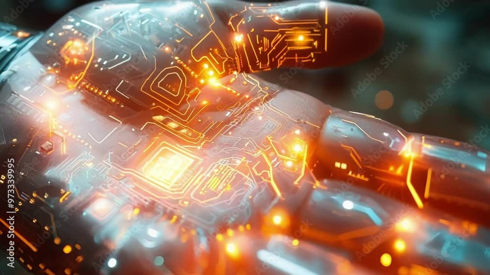Poster robotic hand with a visible circuit board pattern is illuminated from within, giving the impression 