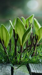 Obraz premium Green leaves on twigs, sward and wooden planks with green blurry background
