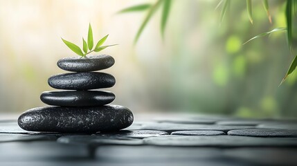 A stack of black stones with a green leaf on top