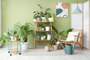 Interior of living room with armchair, shelf unit and plants