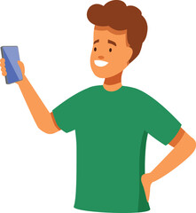 Young man holding smartphone taking selfie smiling modern technology communication