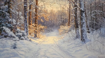 Soft evening light envelops a tranquil snowy forest, enhancing the serene and peaceful winter landscape.