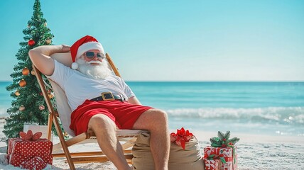 Obraz premium Classic Santa Claus in white tank top and red shorts, sunbathing on beach during tropical summer vacation. Sacks of presents and Christmas tree, sea ocean background. 