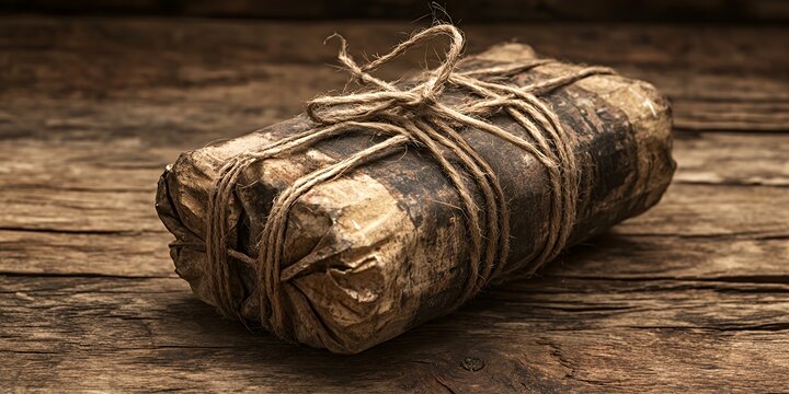 A tightly wrapped package of brown paper secured with twine sits on a weathered wooden surface.