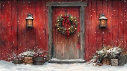 Red barn door decorated for christmas with snow falling gently