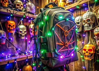 Obraz premium Spooky season display features a futuristic backpack with flashing lights and wires, surrounded by cobwebs, skulls, and