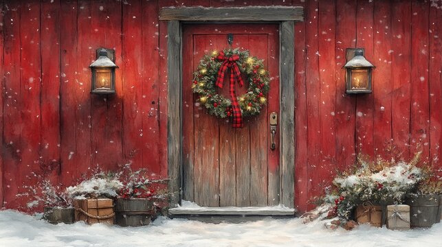 Red barn door decorated for christmas with snow falling gently