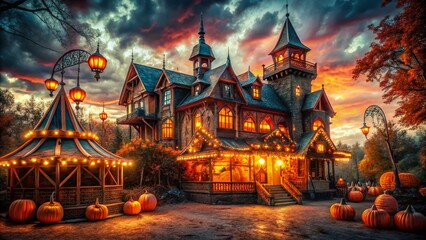Spooky seasonal attraction features eerie, abandoned, and terrifyingly themed mansion, asylum, and carnival-inspired haunted houses illuminated by flickering lights on a dark autumn night.