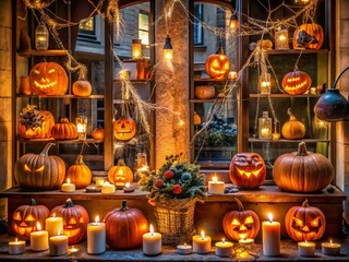 Obraz premium Spooky seasonal display of glowing jack-o-lanterns, candles, and cobweb-covered decorations surrounded by discounted