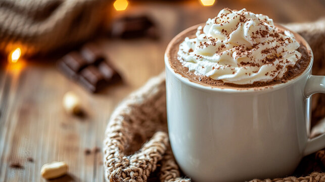 Warm cup of whipped hot chocolate with chocolate pieces on a wooden table during winter