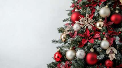 Beautifully decorated Christmas tree with red and gold ornaments, poinsettias, and festive ribbons against a white background
