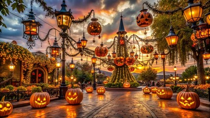 Fototapeta premium Spooky skeletal figures, glowing jack-o'-lanterns, and cobweb-covered chandeliers transform a whimsical theme park into