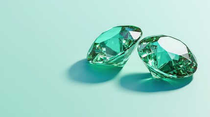 Three emerald gemstones with a brilliant faceted cut, floating against a light blue backdrop, symbolizing luxury and beauty.