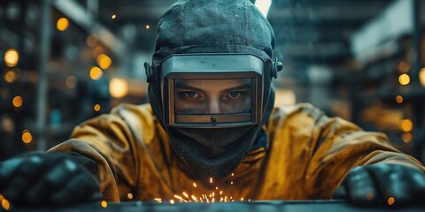 A person in welding attire carefully completes metal work, with visible sparks and a glowing torch highlighting their tasks