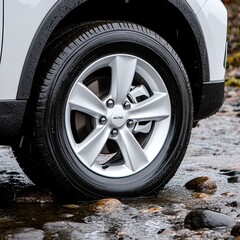 Obraz premium A white vehicle navigates an off-road trail, splashing through water and rocks. Close-up highlights include fog lights and a dark wheel hub, emphasizing its rugged features