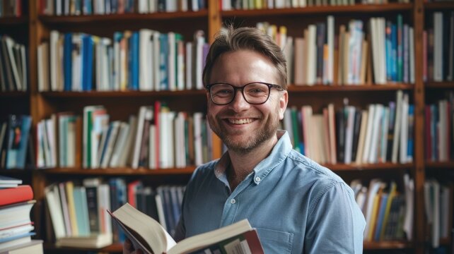 cheerful proud author holding up a freshly published book standing in front of bookshelves, National Autor Day