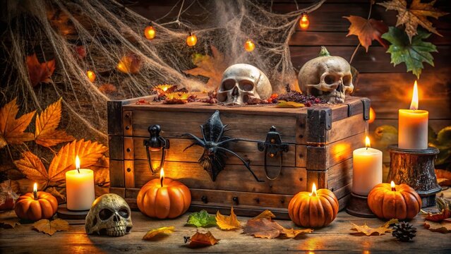 Spooky wooden trunk overflows with eerie Halloween decorations, including cobweb-covered skulls, bats, and spiders, surrounded by autumnal leaves and flickering candlelight.