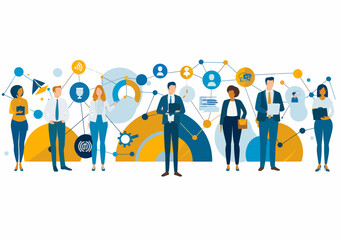 Business Team with Graphs and Icons Illustrating Teamwork, Strategy, and Networking, Minimalistic Vector Illustration for Office, Corporate Collaboration, and Data Analysis Concept