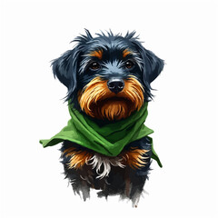 Cheerful dog oil painting with a scarf , funny, cheerful, dog, oil painting, humor, colorful, art, pet. black and brown color cute dog editable vector illustration. Dog digital art.