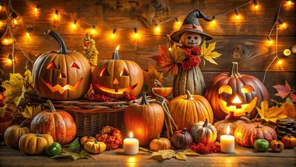 Fototapeta premium Spooky yet inviting fall display features an array of autumnal decorations, illuminated jack-o-lanterns, and eerie figurines against a warm and cozy seasonal background.