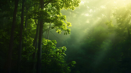 Obraz premium Sunlight streams through a dense forest, illuminating the lush green foliage and creating a mystical atmosphere.