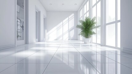 3D rendering of a bright and clean white room with ceramic tile flooring and minimalist design.
