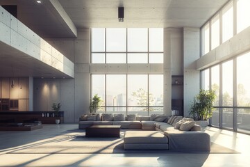 Fototapeta premium 3D rendering of a large, luxurious modern living room interior.
