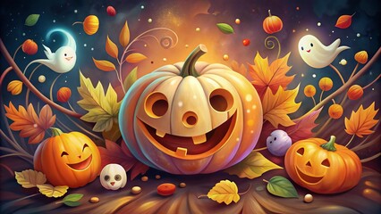 Spooky yet whimsical illustration of a smiling pumpkin surrounded by swirling leaves, candy, and ghostly friends,