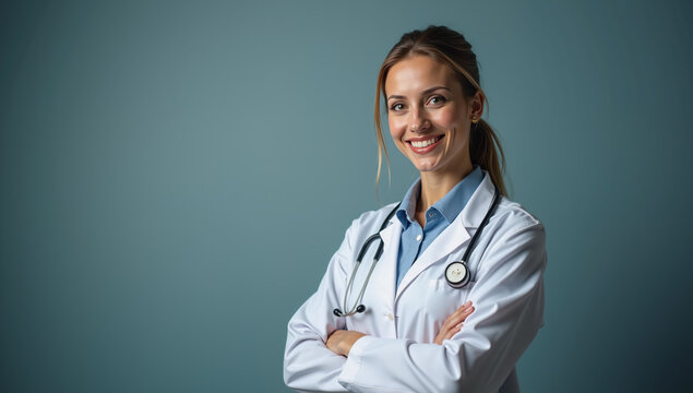 Portrait of confident female doctor in white coat with stethoscope standing with arms crossed against plain background